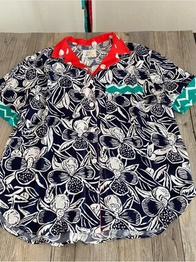 Vtg Ken Done Women’s Floral Button Shirt Teal Chevron Pocket USA Medium